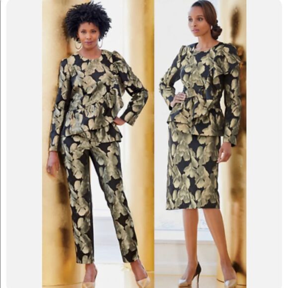 Ashro Larhonda Wardrober 3 Pc Peplum Jacket Skirt Pants Gold Black 12 - Picture 1 of 15